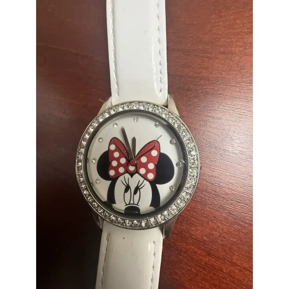 Disney Minnie Watch Accutime Red White Silver Rhinestones‎ BRAND NEW Battery